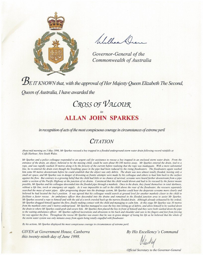 Cross of Valour Citation—Allan Sparks